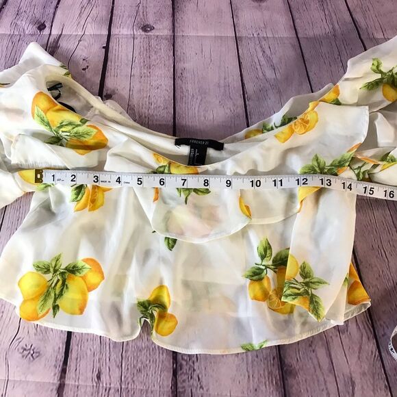 Forever 21 Lemon Ruffle Off Shoulder Crop Top Ruffled Long Sleeves Pop Art Small - Picture 10 of 10